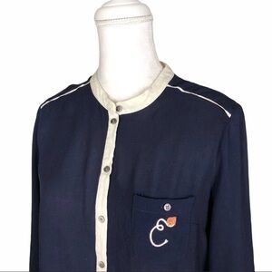 Anthropologie Maeve monogram E elephant blouse top small navy blbue